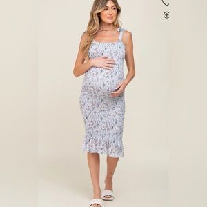 Light Blue Floral Smocked Fitted Maternity Dress